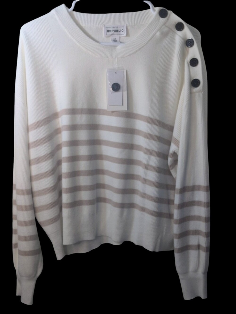 For The Republic Cream & Beige Striped Crewneck Sweater with Shoulder Buttons, L